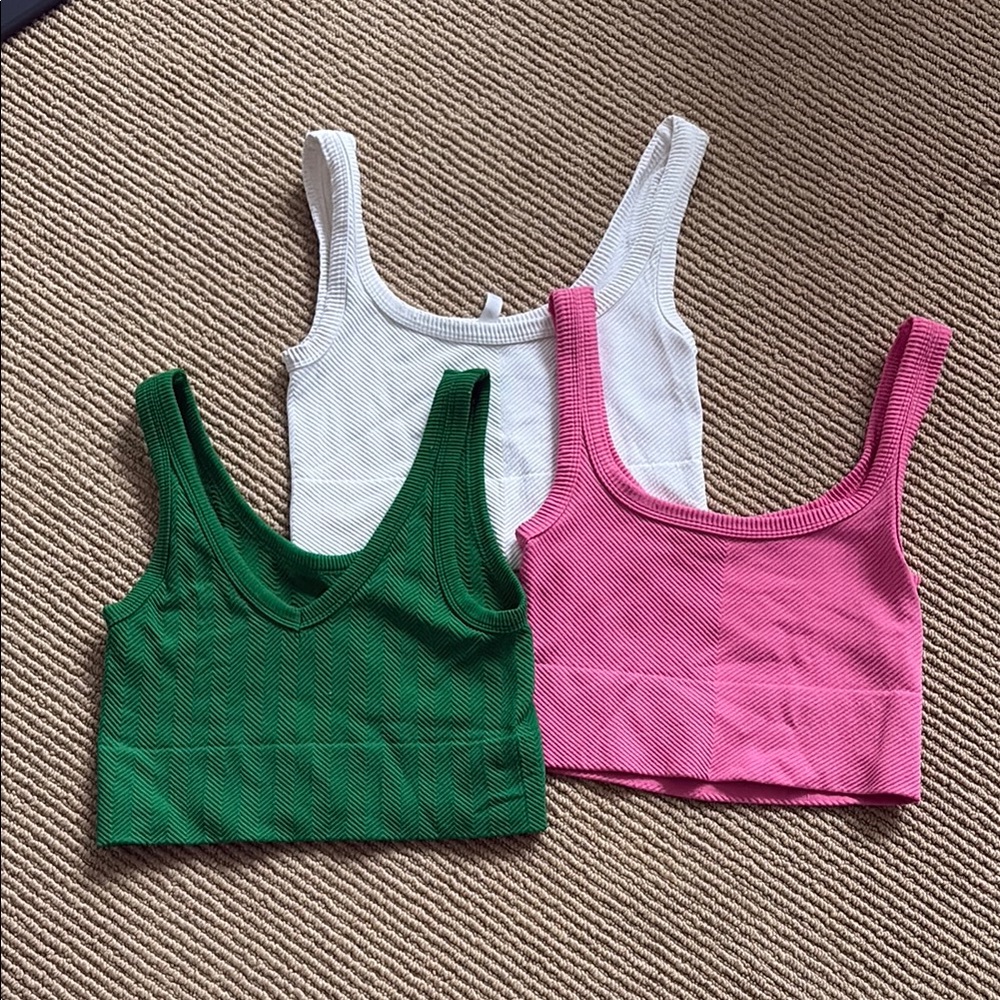 Set of Three Ribbed Crop Tops - Green, White, Pink